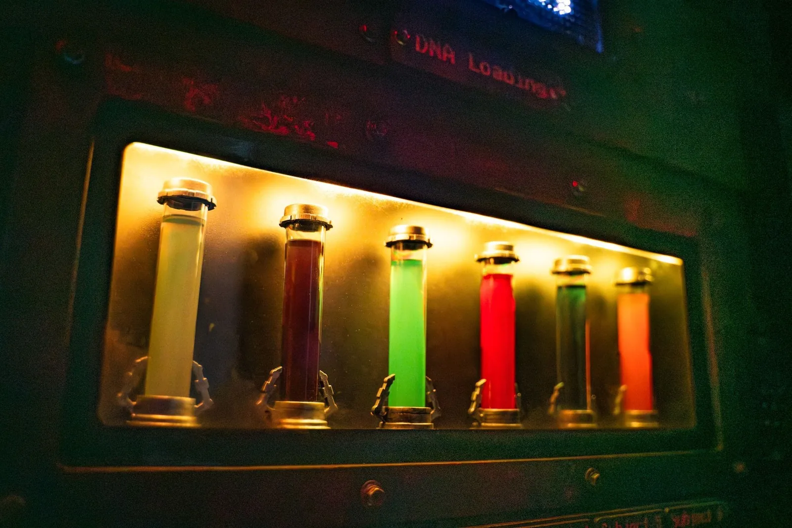 Coloured serum vials glowing in a rack in the Zombie Apocalypse lab