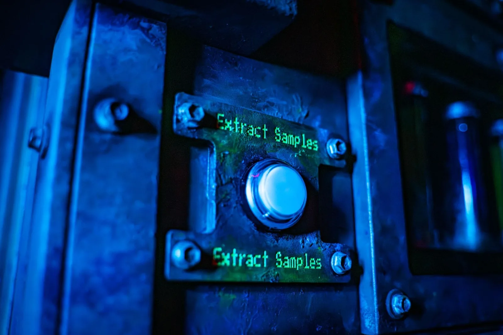 An Extract Samples button on a steel panel in the Zombie Apocalypse escape room
