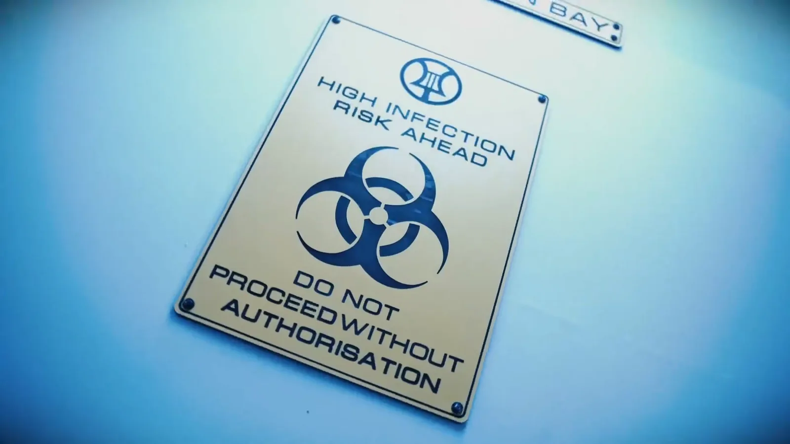 A biohazard sign warning of high infection risk in the Zombie Apocalypse lab