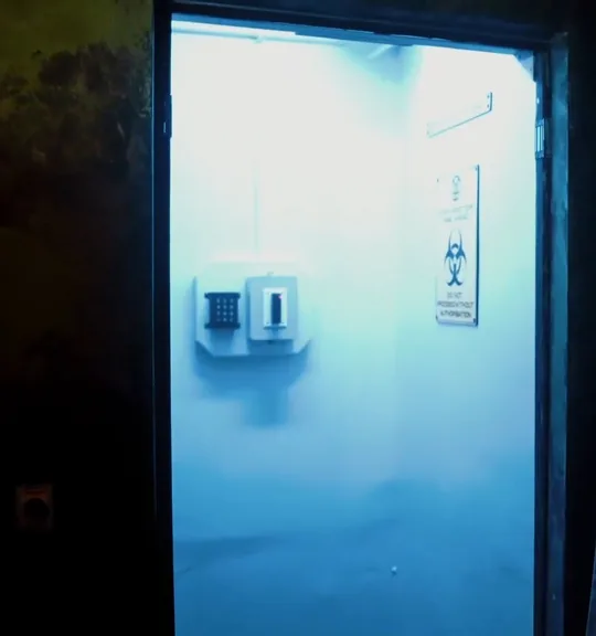 The blue-lit lab door of Zombie Apocalypse at Escape This Sydney CBD