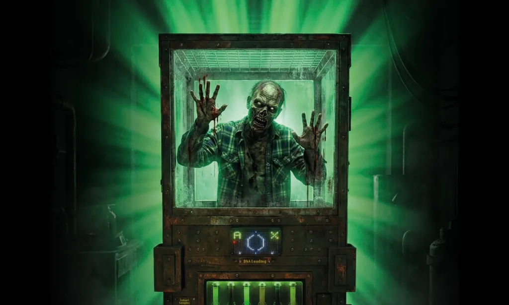 Zombie Apocalypse artwork: an infected subject trapped in a green-lit containment chamber